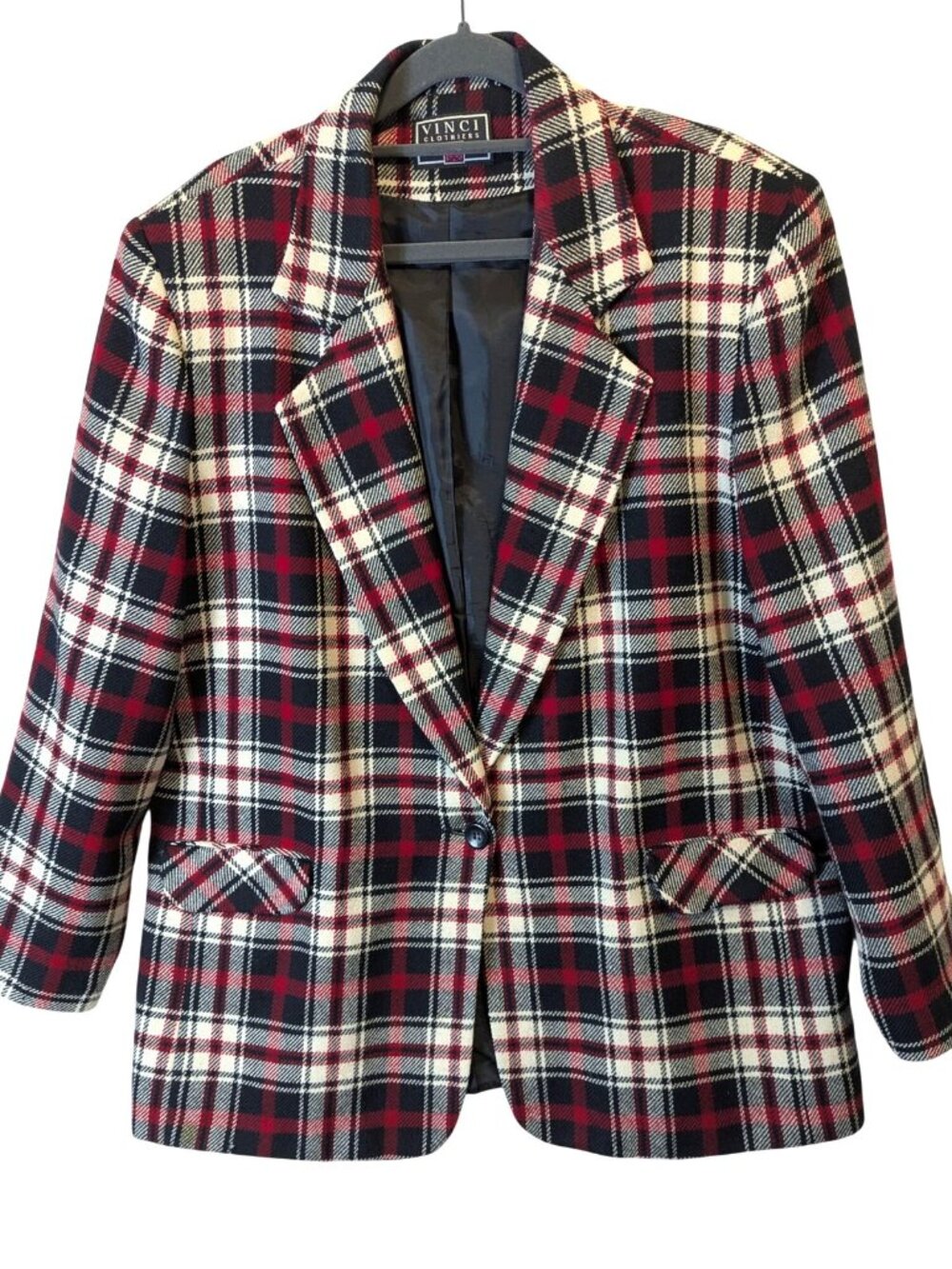 VINCI Clothiers Vintage Women Plaid Blazer size 14 Wool Tartan Check Tailored
